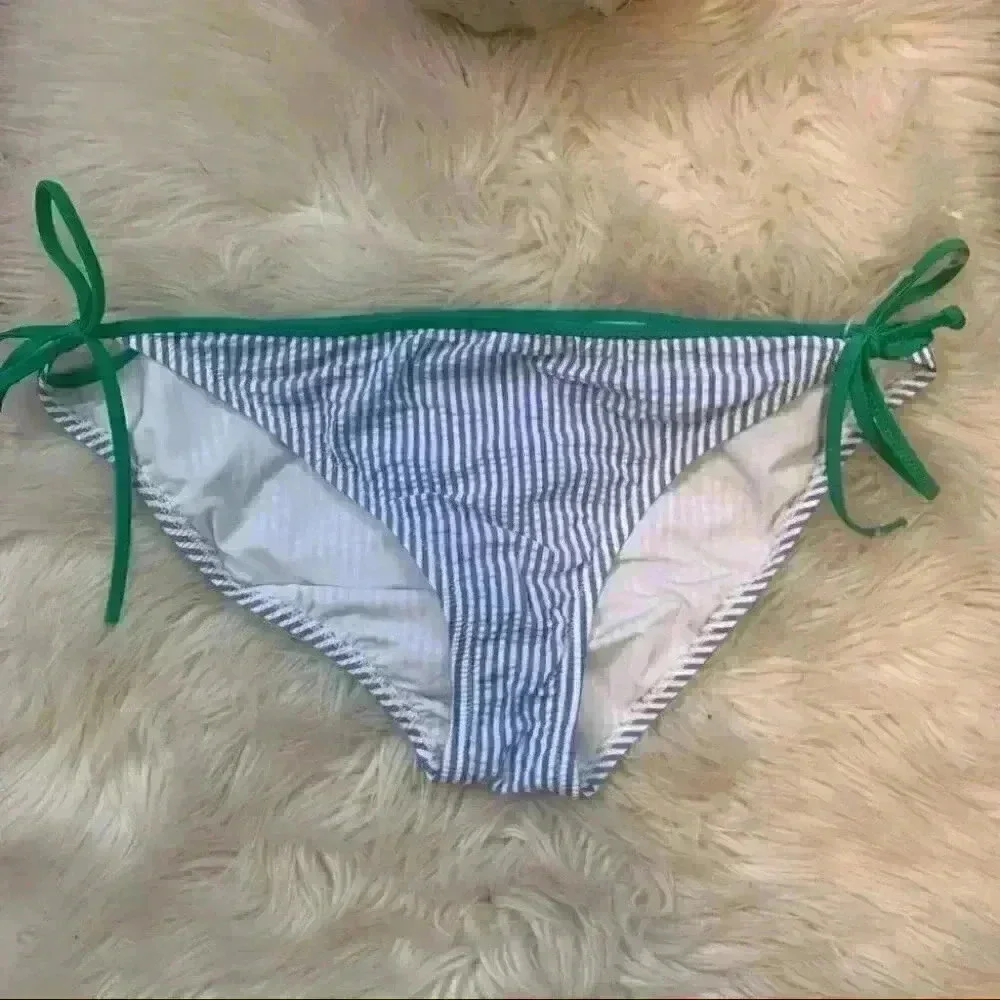 J. Crew blue seersucker w/ green tipped tie sides bikini swim bottoms Sz xxl